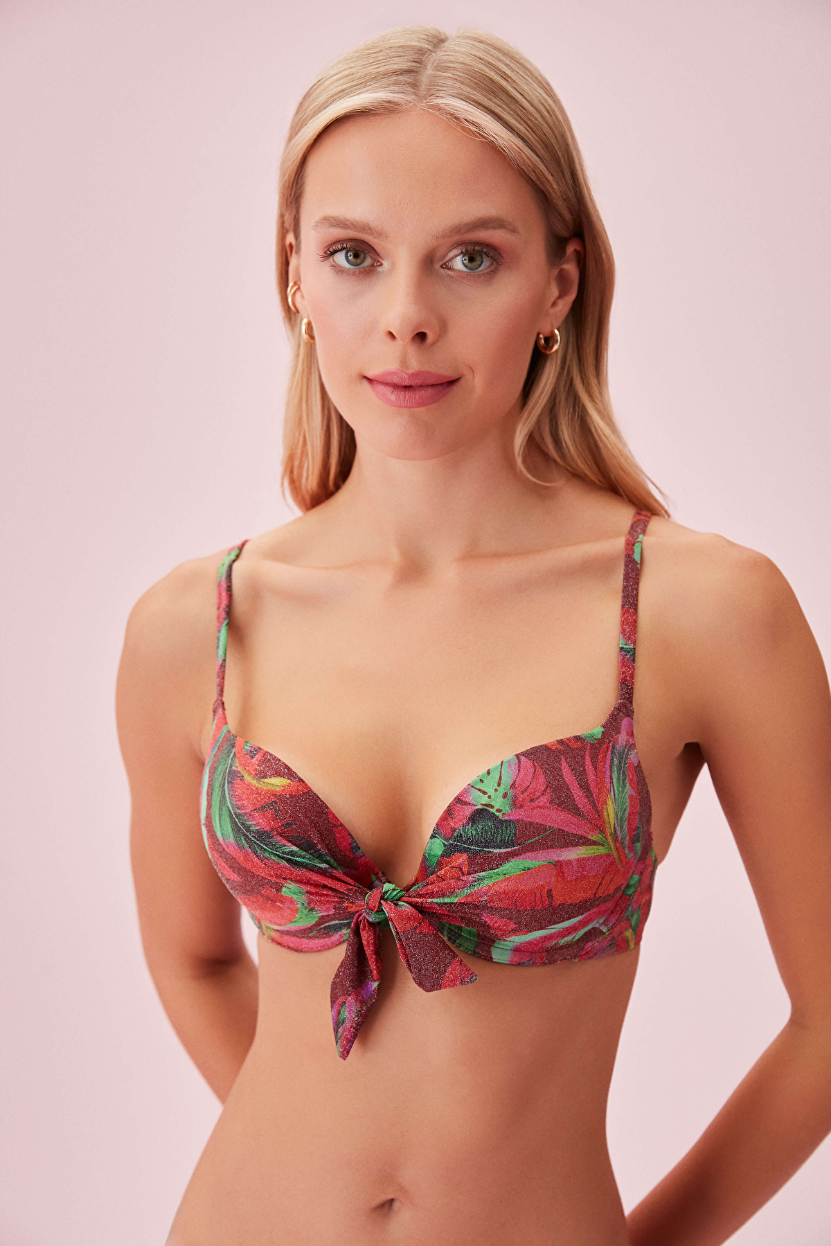 Yaprak Desenli Önden Bağcıklı Full Dolgulu Bikini Üst | SUWEN