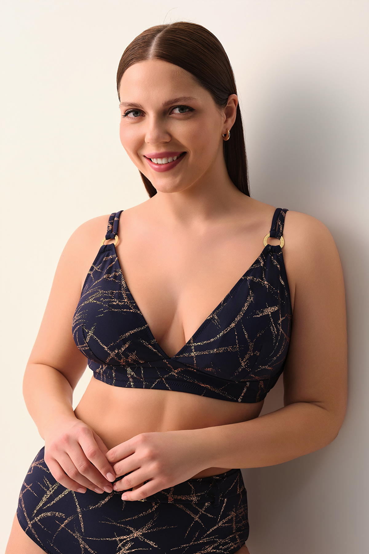 Navy Lurex Glace Rınged Triangle Bikini Top | SUWEN