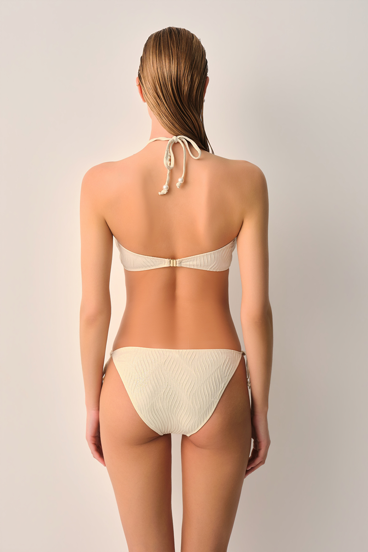 Ecru Texture Pearl Front Tie Bikini Top | SUWEN