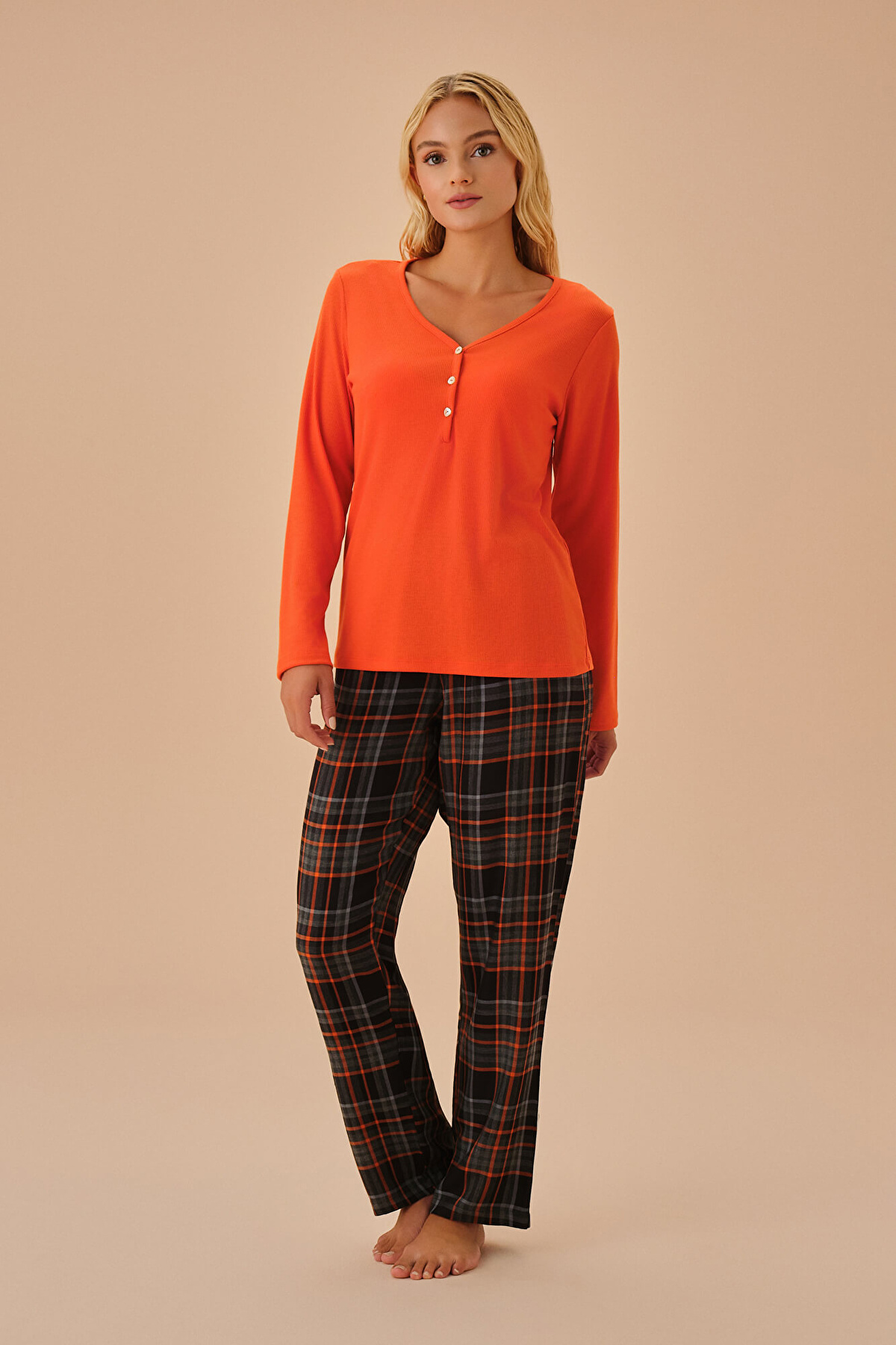 25AW H BEAUTY&YOUTH SUVIN MIX テレコクルーネック Orange Plaid Chelsea Pyjamas Set | SUWEN