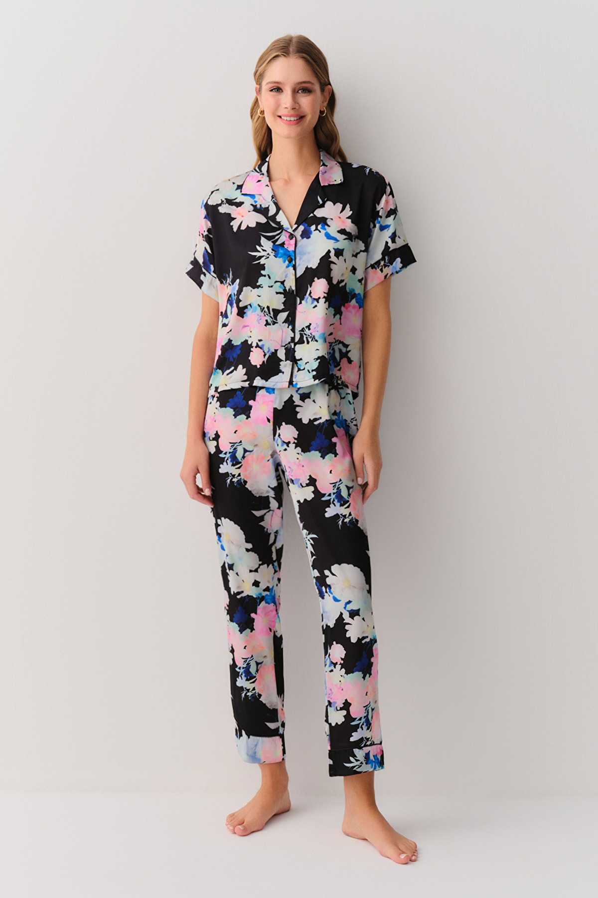 BLACK PRINT Summer Flower Masculine Pyjamas Set | SUWEN