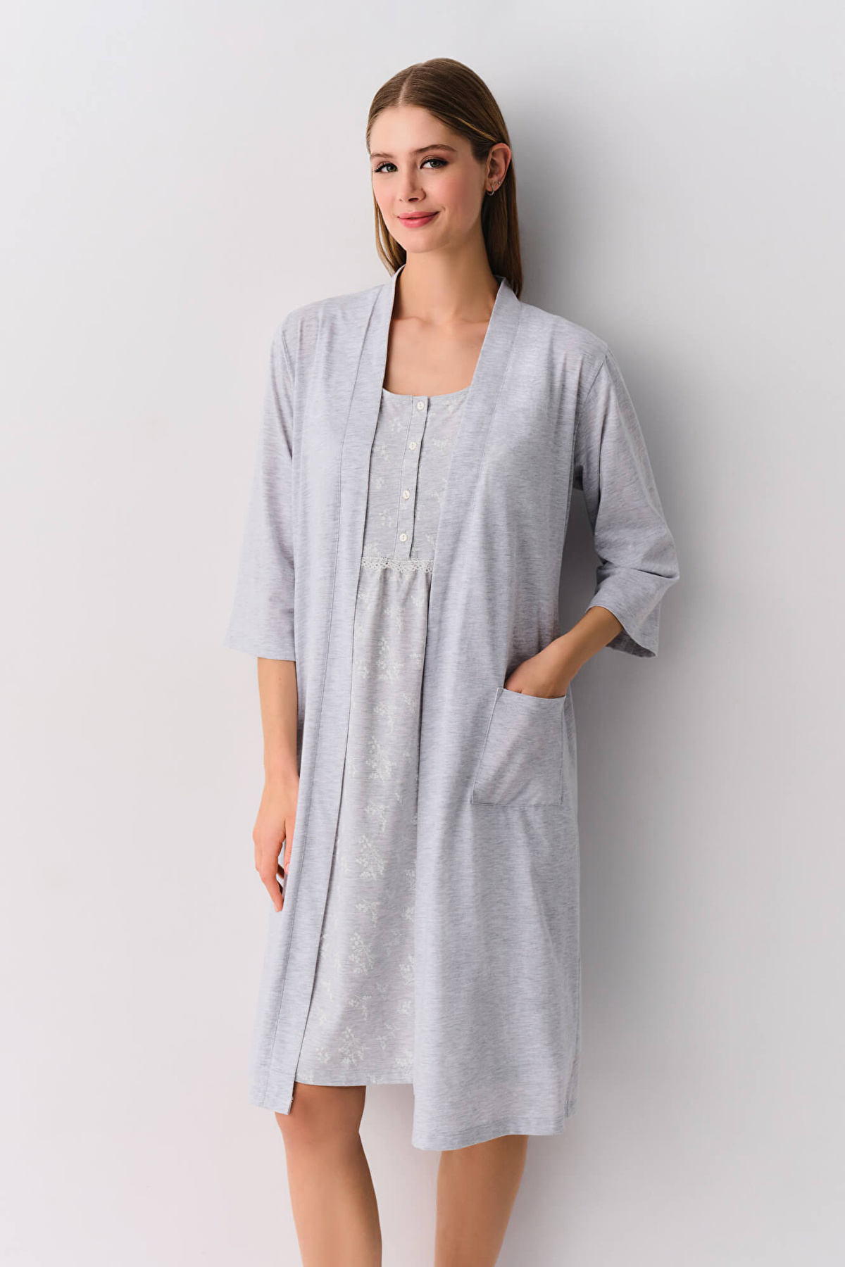 Gray Melange Print Gloria Morning Gown | SUWEN