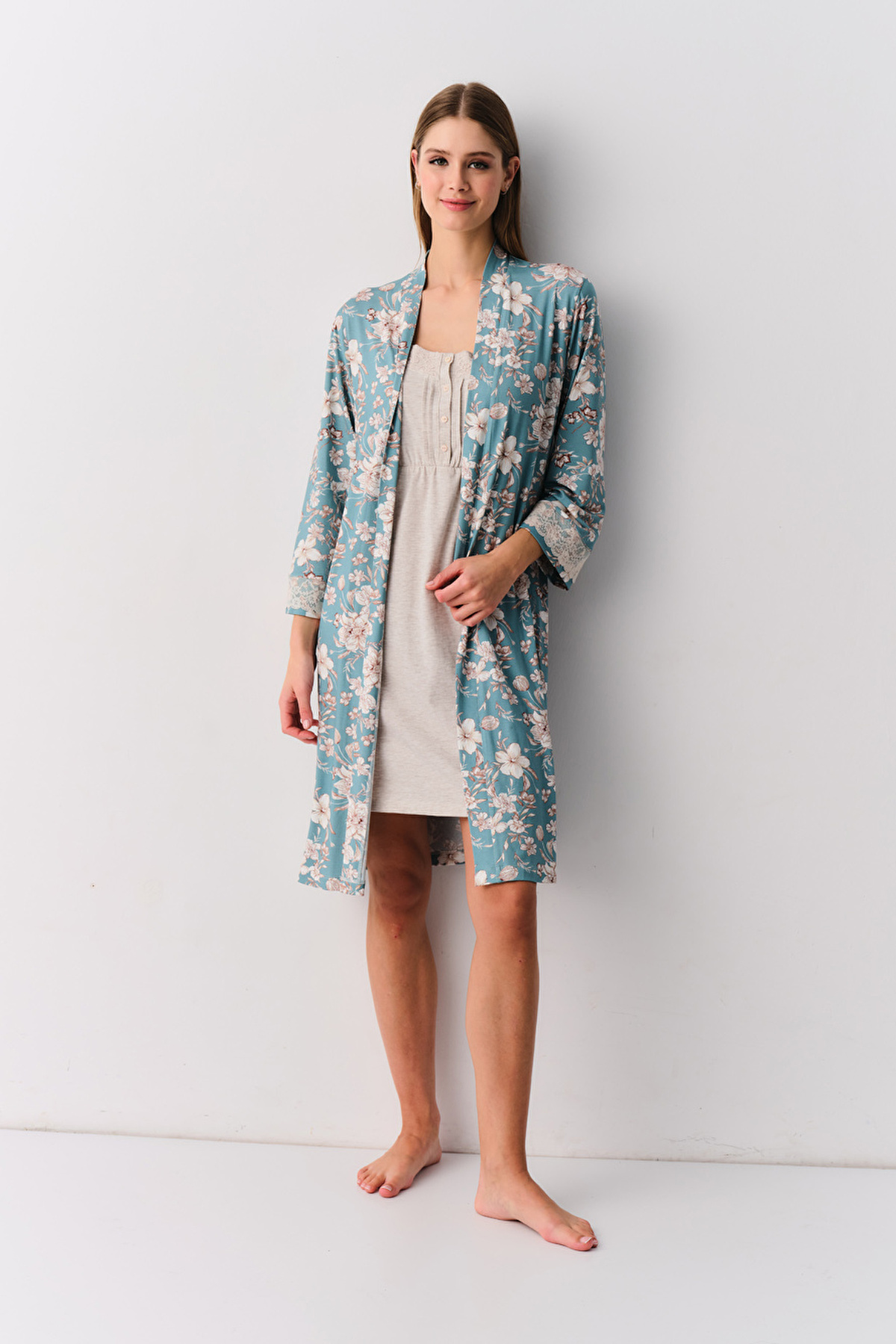 BEIGE PRINT Elazia Morning Gown | SUWEN