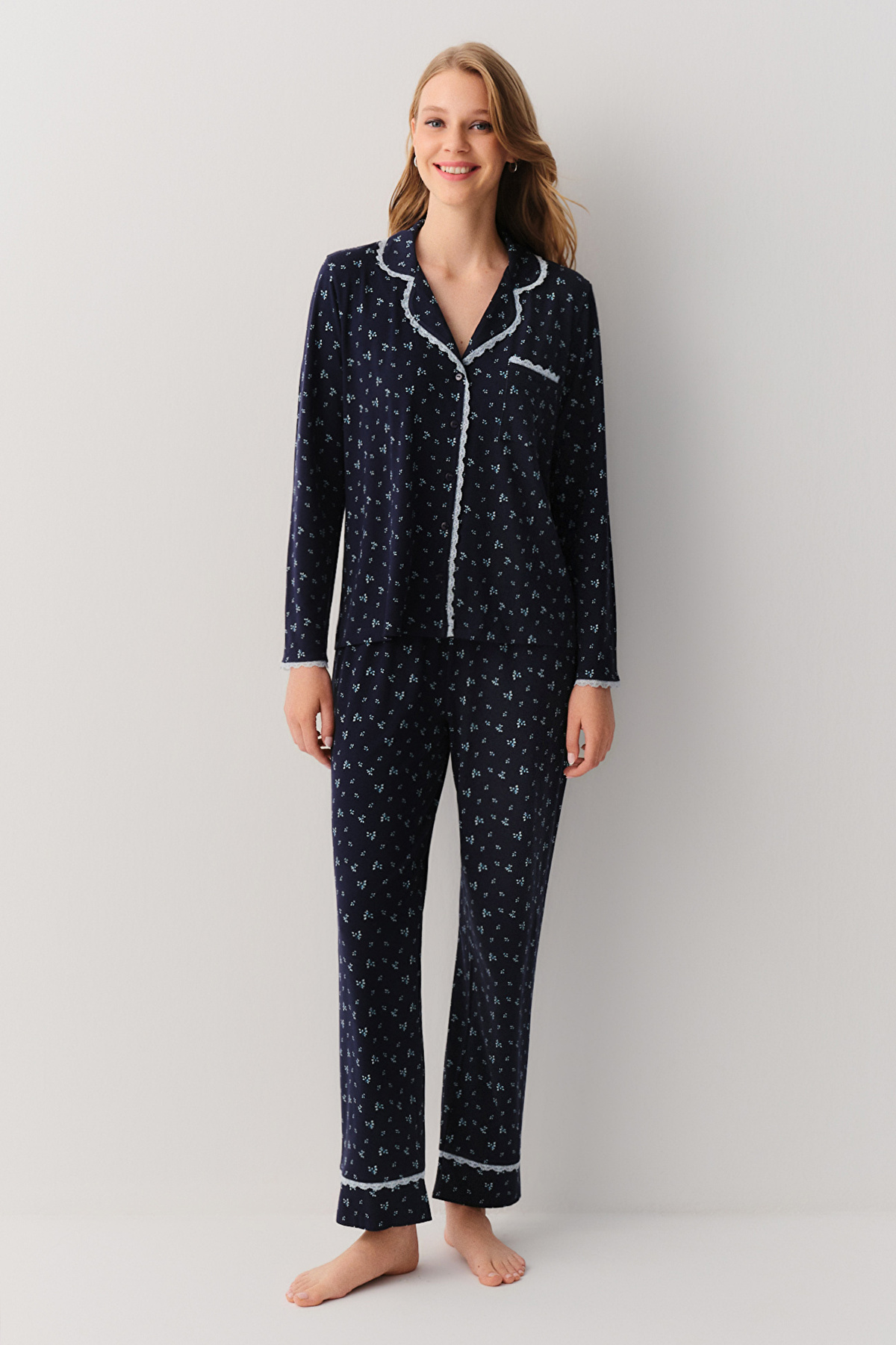 Navy Blue Print Woody Masculine Pyjamas Set | SUWEN