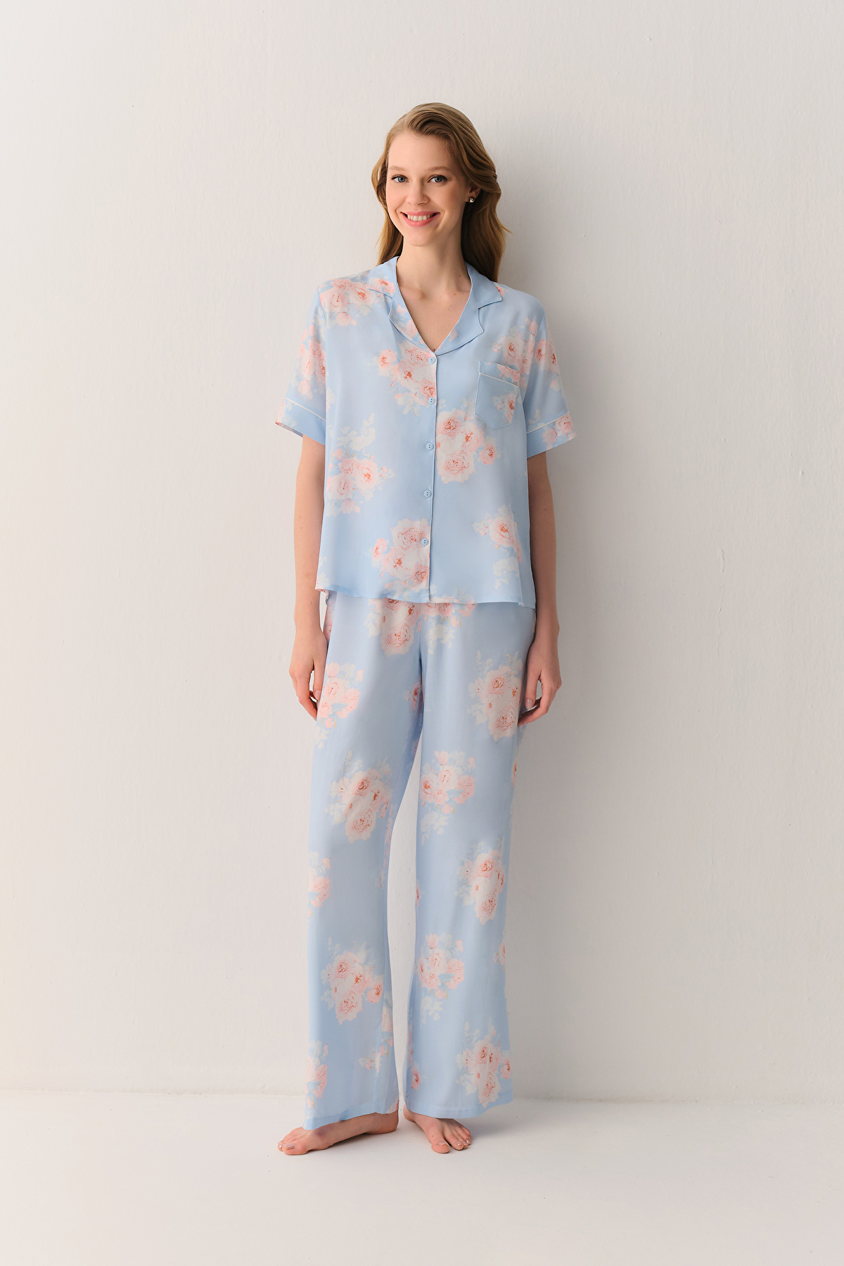 シナリー　BF PF ゆめ様 Blue Print Freya Shirt Collar Pyjamas Set | SUWEN