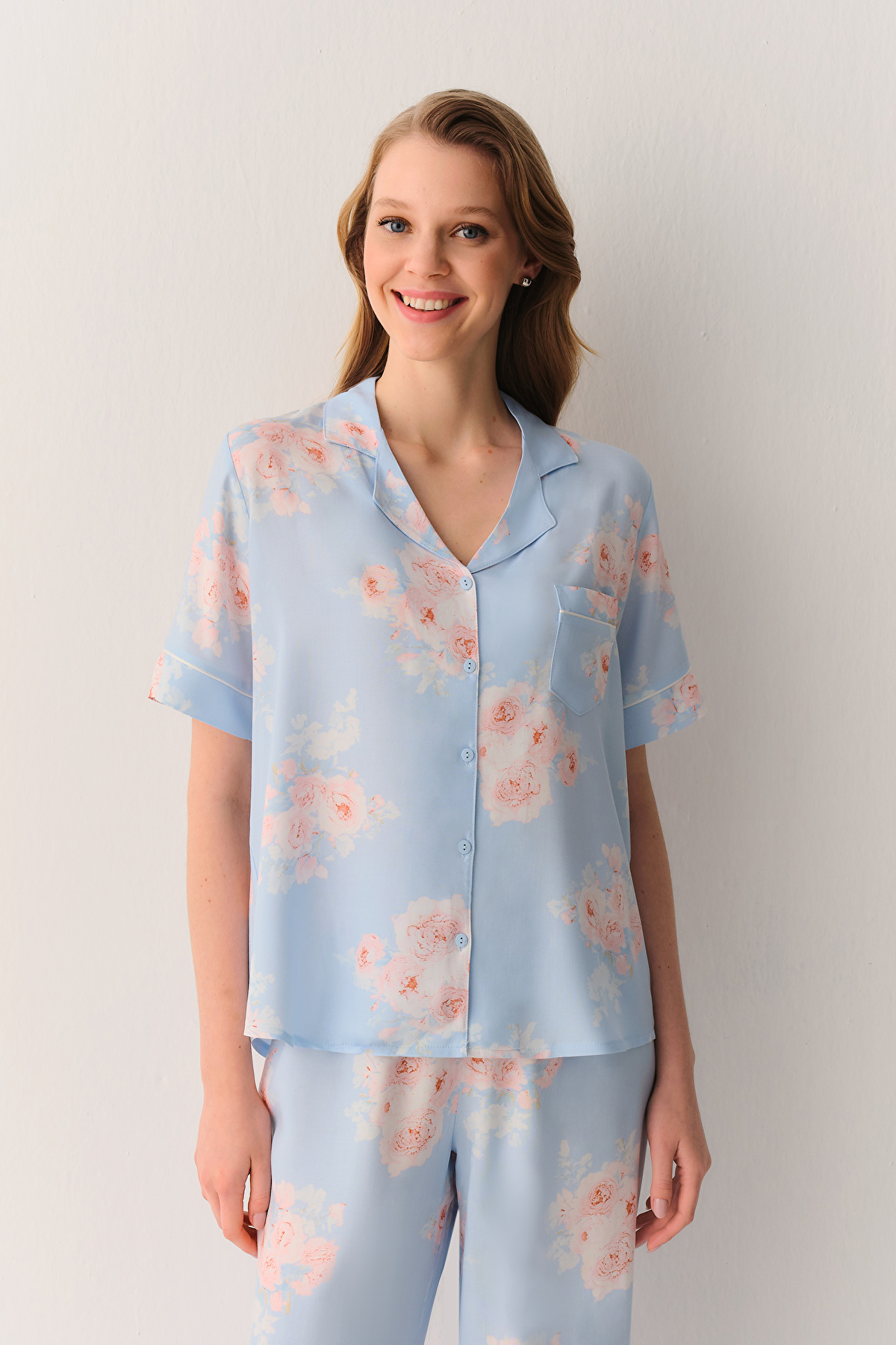 Blue Print Freya Shirt Collar Pyjamas Set | SUWEN