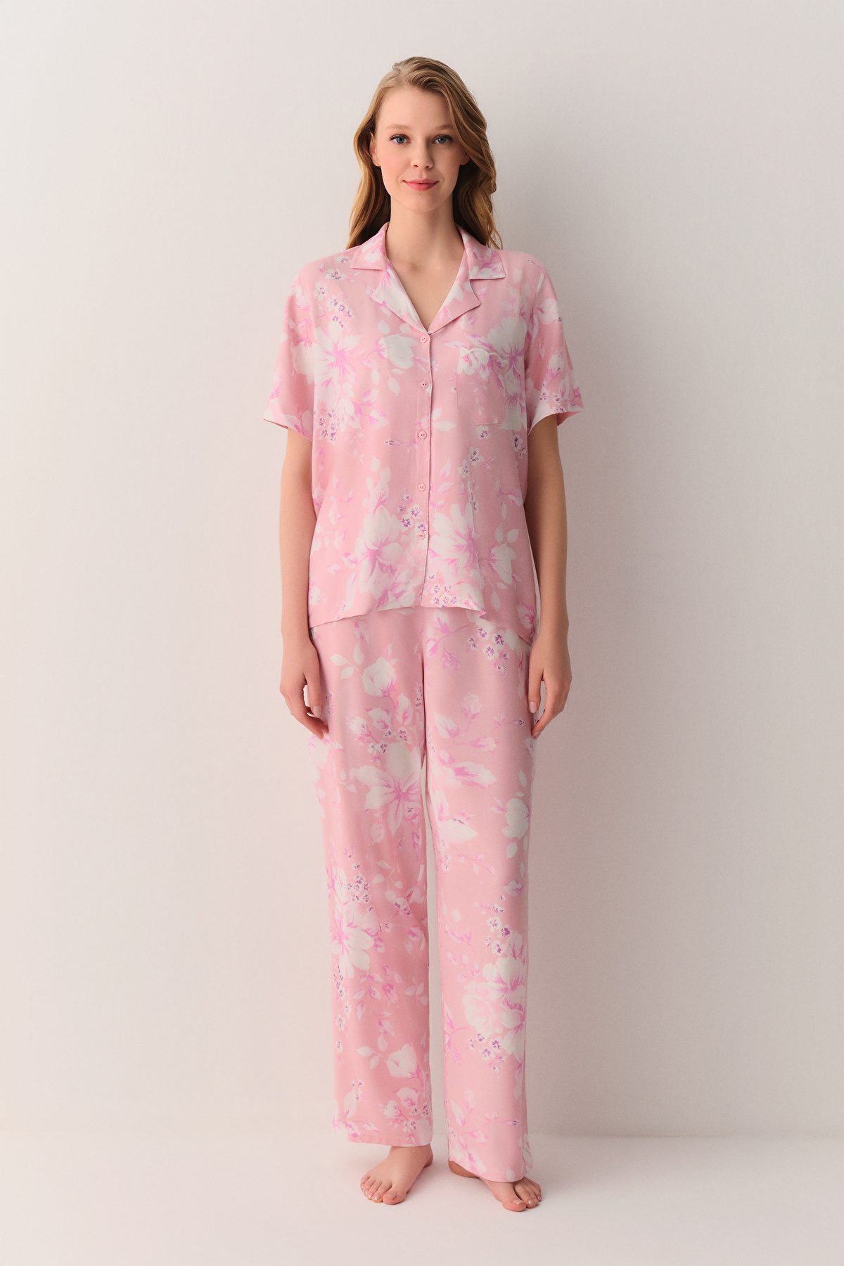 Pink Print Ashley Shirt Collar Pyjamas Set | SUWEN