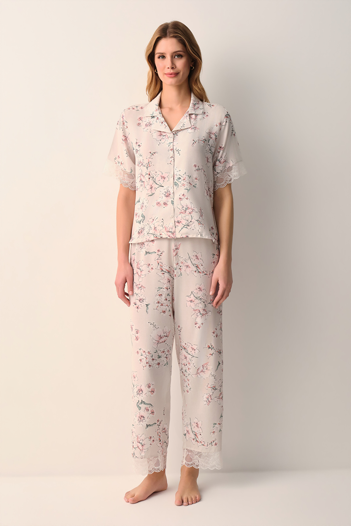 Beige Print Beatrix Shirt Collar Pyjamas Set | SUWEN