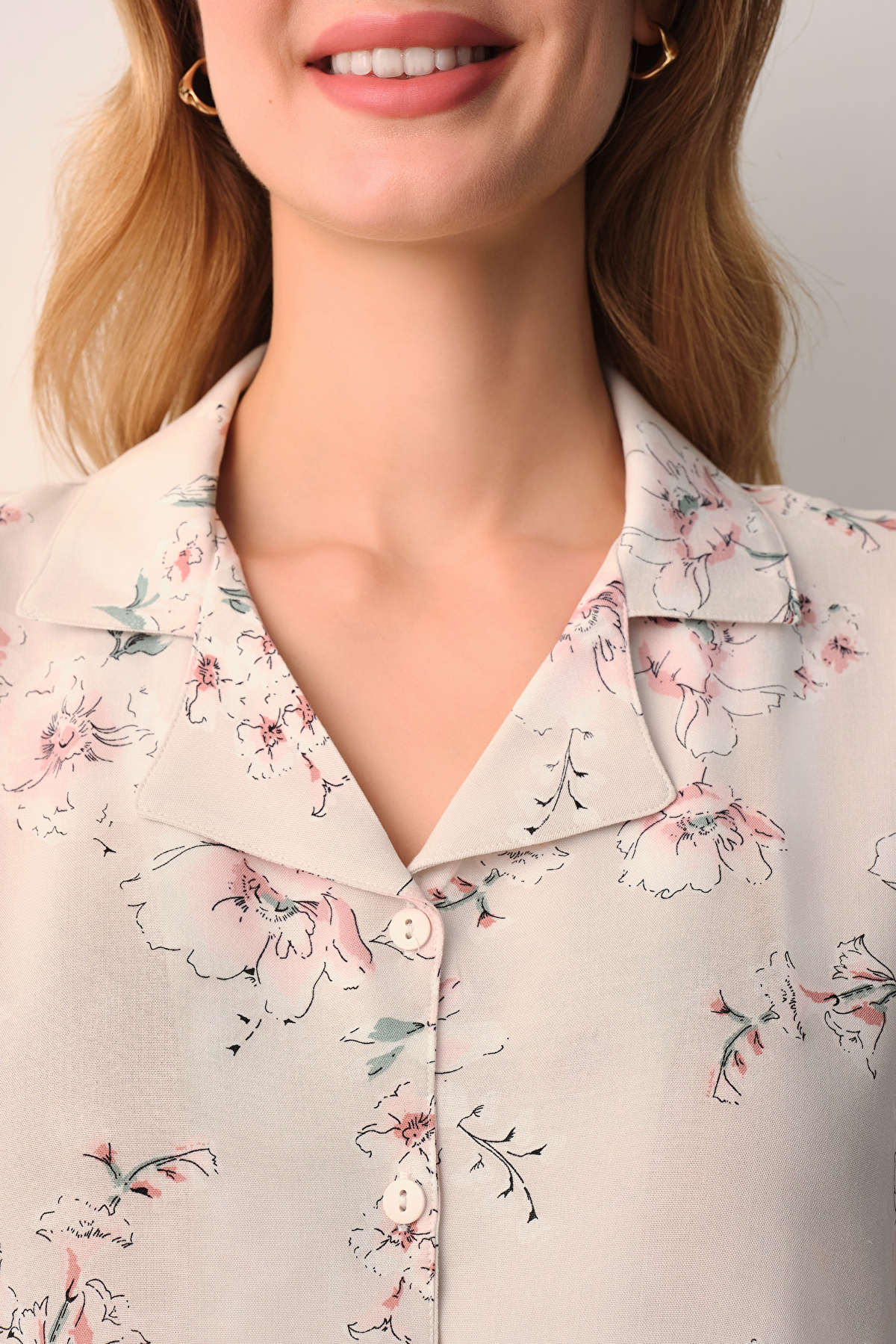 Beige Print Beatrix Shirt Collar Pyjamas Set | SUWEN