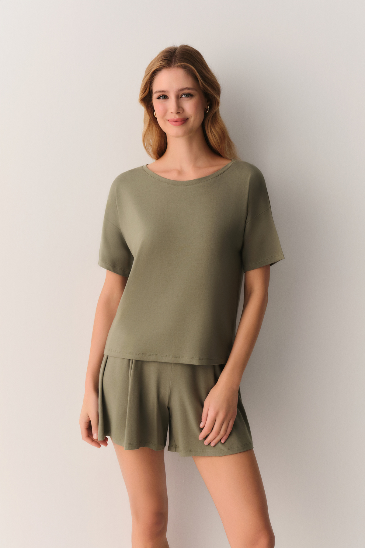 Olive Stella Modal Tişört Şort Pijama Takımı | SUWEN