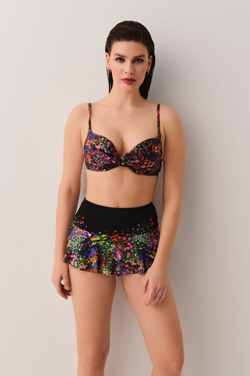 Siyah Çiçek Desenli Garden Önden Bağcıklı Full Dolgulu Bikini Üst