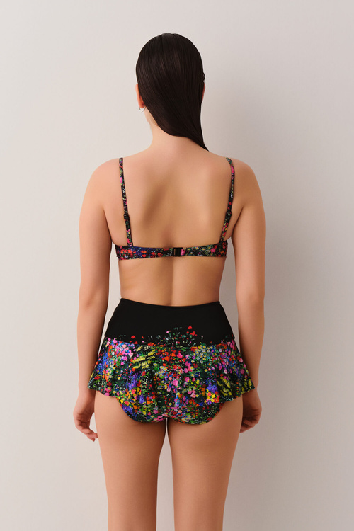 Siyah Çiçek Desenli Garden Önden Bağcıklı Full Dolgulu Bikini Üst