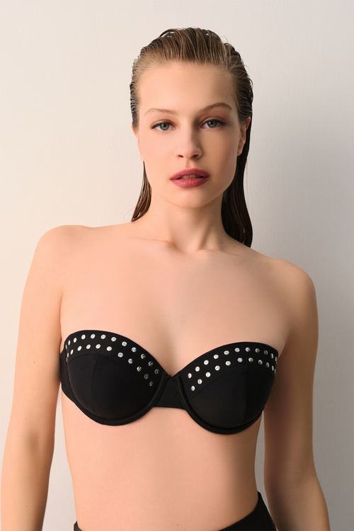 Siyah Spark Aksesuar Detaylı Straplez Bikini Üst