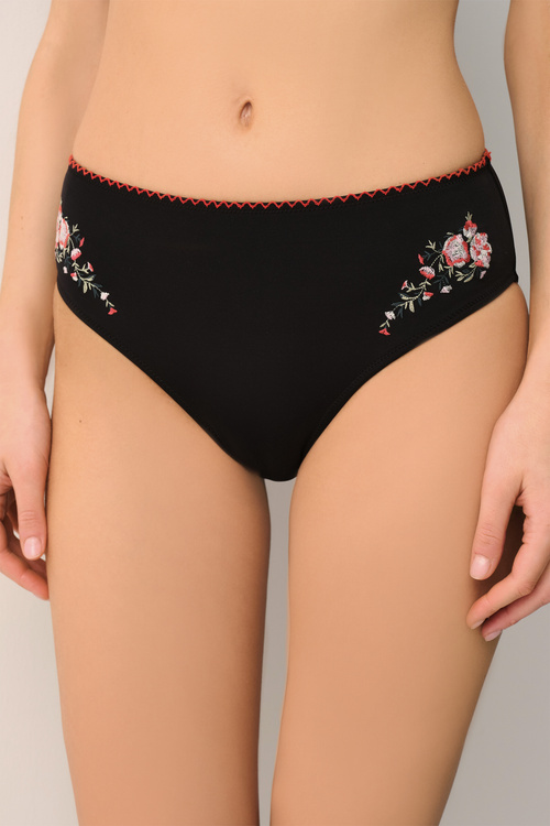 Siyah Karla Yüksek Bel Nakışlı Bikini Alt