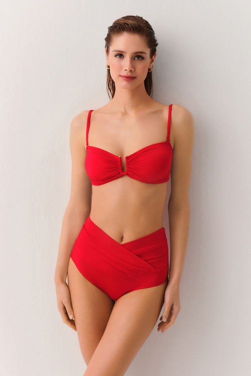 Kırmızı Yüksek Bel V Kesim Bikini Alt
