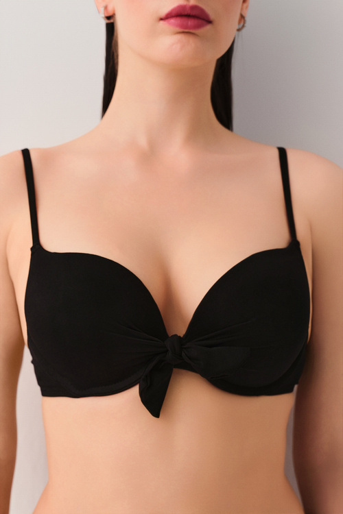 Siyah Önden Bağcıklı Full Dolgulu Bikini Üst
