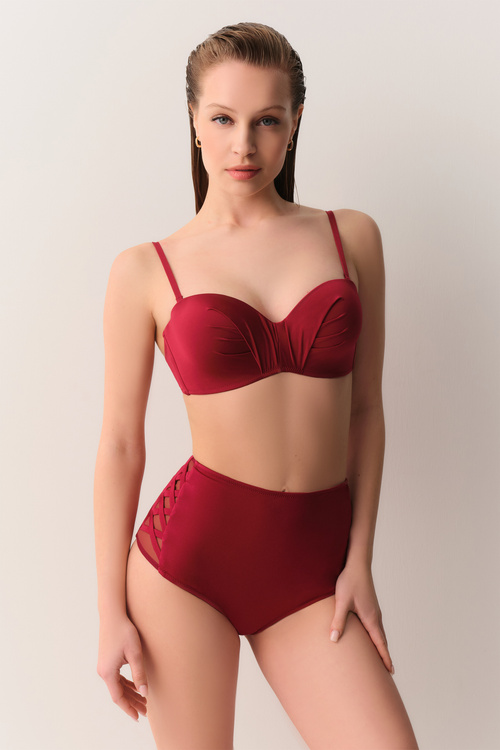 Burgundy High Waist Straps Colour Bikini Bottom