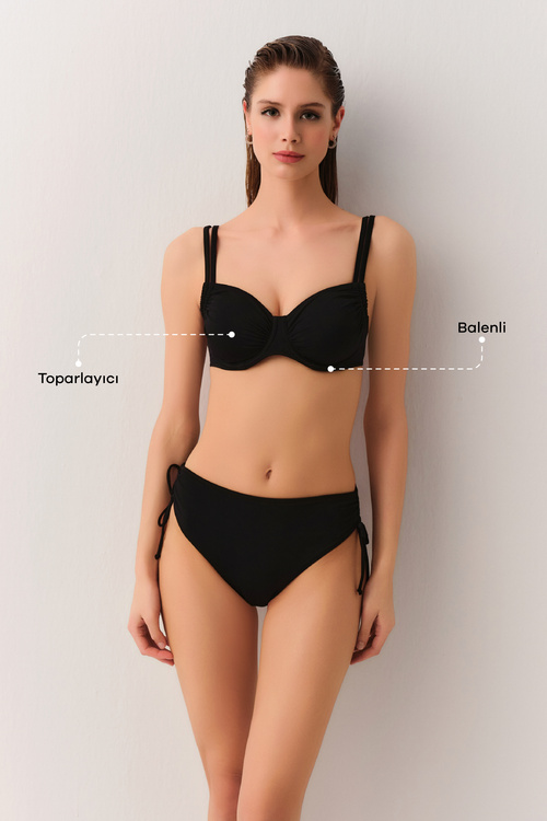 Siyah Balenli Körüklü Toparlayıcı Bikini Üst