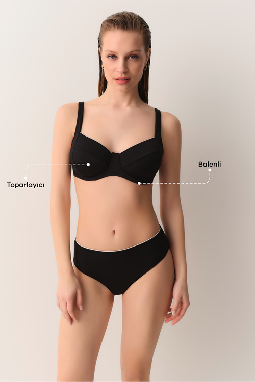 Siyah Pipe Biyeli Balenli Toparlayıcı Bikini Üst