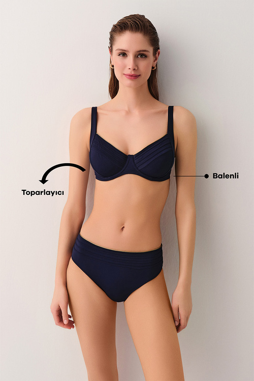 Lacivert Pipe Balenli Toparlayıcı Aksesuarlı Bikini Üst