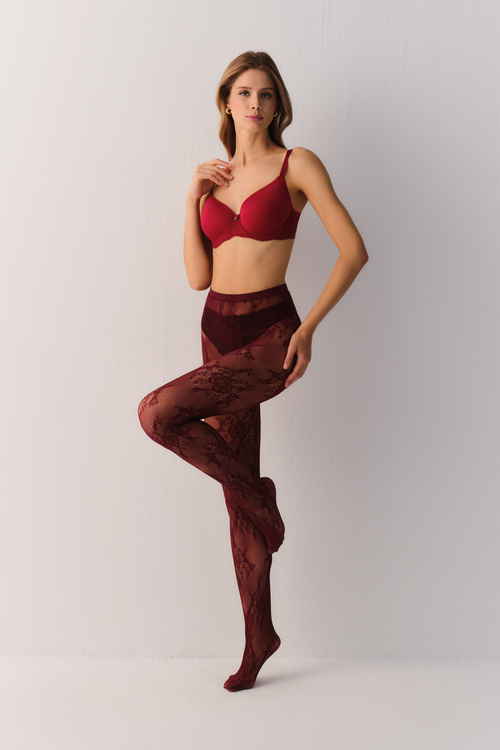 Bordo Fishnet Dantelli Çiçek Desenli File Külotlu Çorap
