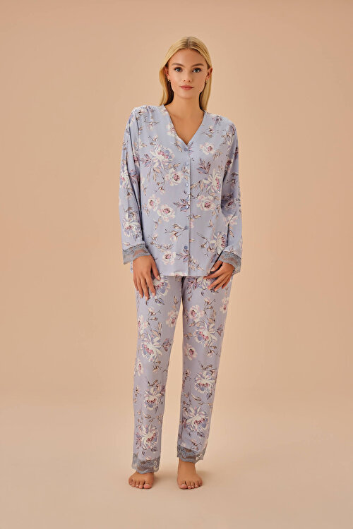 Lila Desenli Maria Maskülen Pijama Takımı