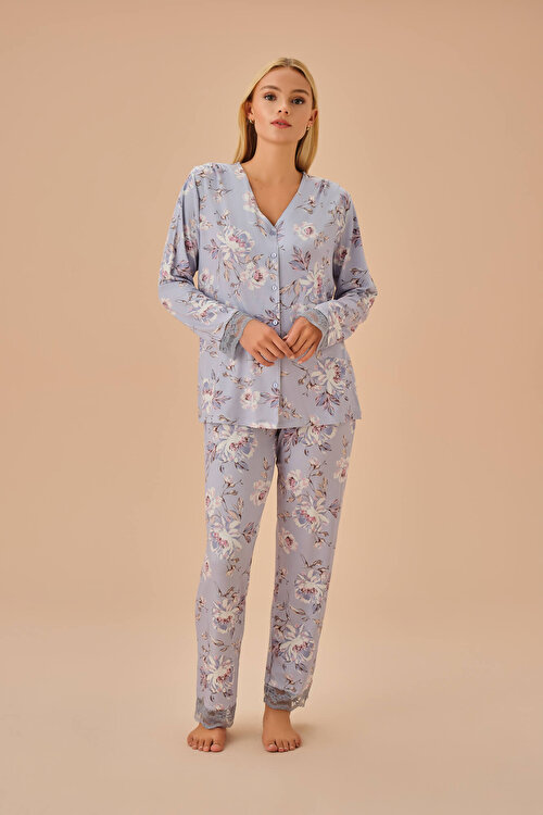 Lila Desenli Maria Maskülen Pijama Takımı