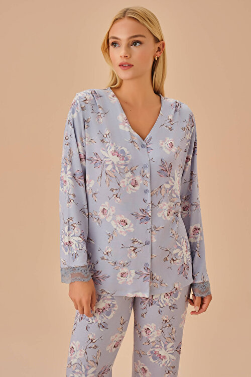 Lila Desenli Maria Maskülen Pijama Takımı