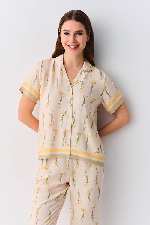Bej Desenli Elegant Maskülen Pijama Takımı