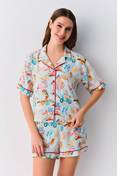 Mavi Çizgi Baskılı Feminine Maskülen Şort Pijama Takımı