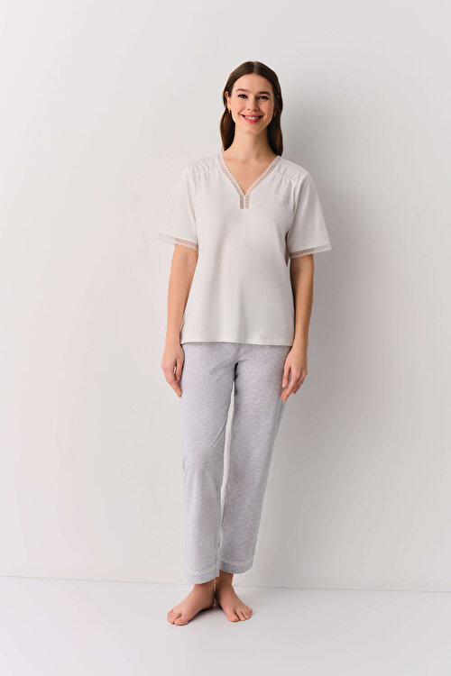 Gri Melanj Desenli Pointy Pijama Takımı