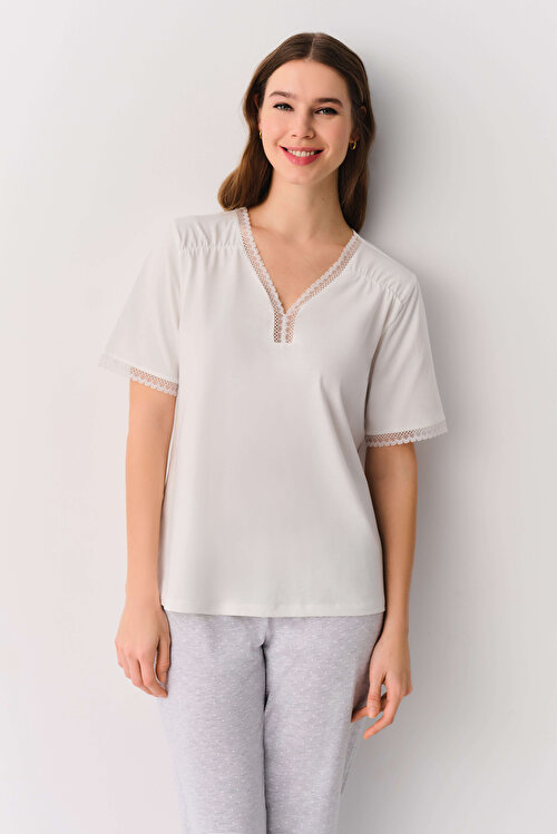 Gri Melanj Desenli Pointy Pijama Takımı
