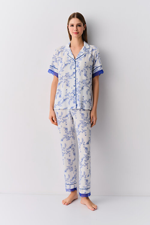 Saks Desenli Lupi Maskülen Pijama Takımı