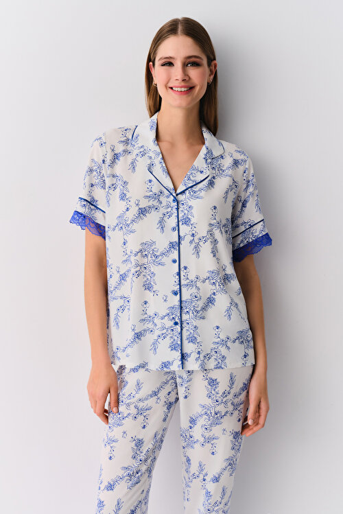 Saks Desenli Lupi Maskülen Pijama Takımı