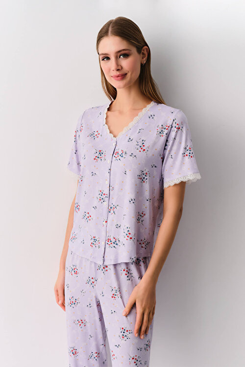 Lila Desenli Catalina Maskülen Pijama Takımı