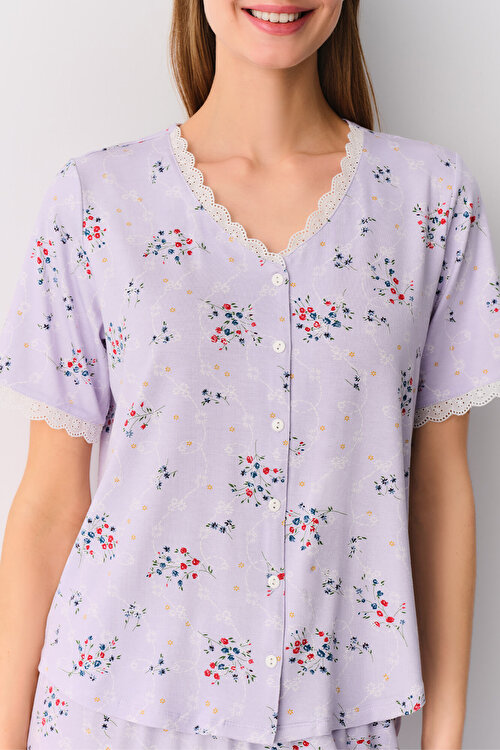 Lila Desenli Catalina Maskülen Pijama Takımı