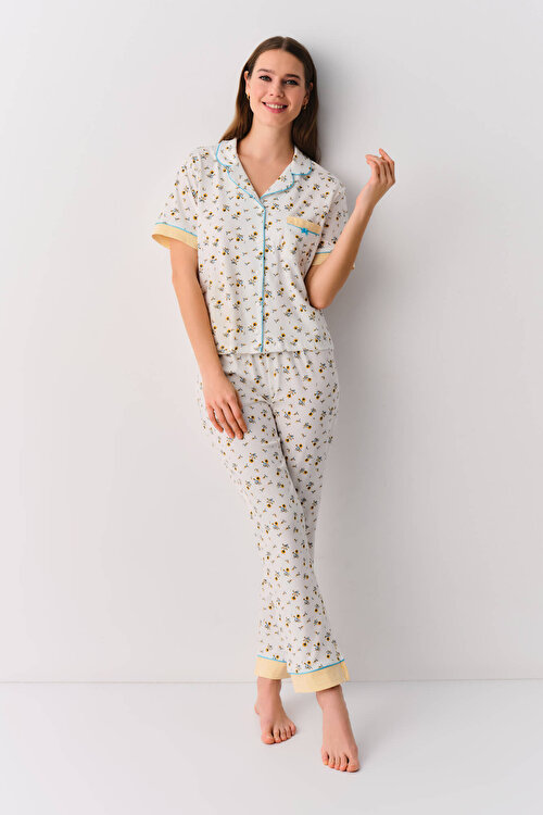 Ekru Desenli Cinzia Maskülen Pijama Takımı
