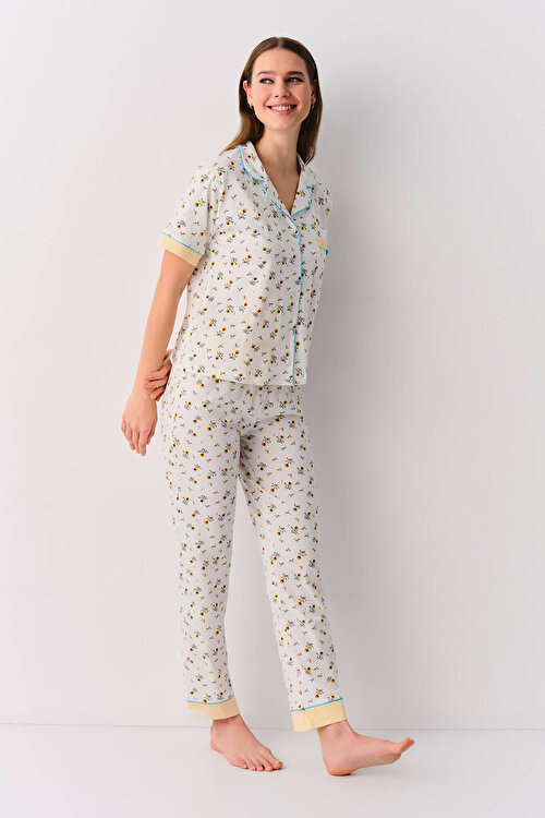 Ekru Desenli Cinzia Maskülen Pijama Takımı