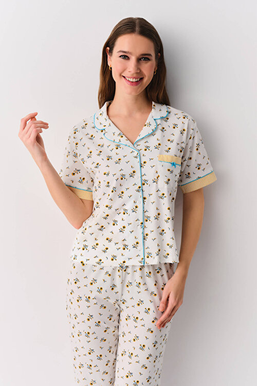 Ekru Desenli Cinzia Maskülen Pijama Takımı