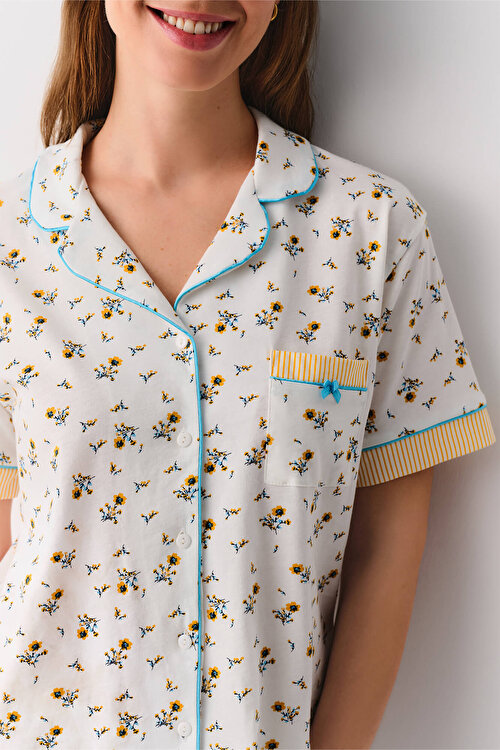 Ekru Desenli Cinzia Maskülen Pijama Takımı