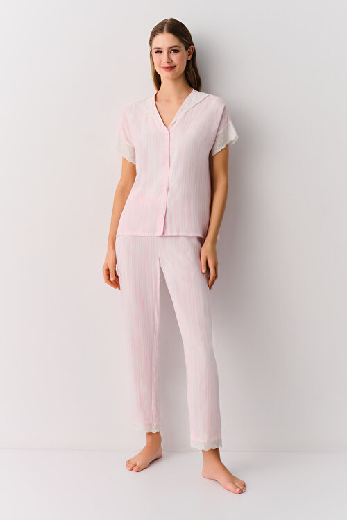 Pembe Çizgili Pink Line Maskülen Pijama Takımı
