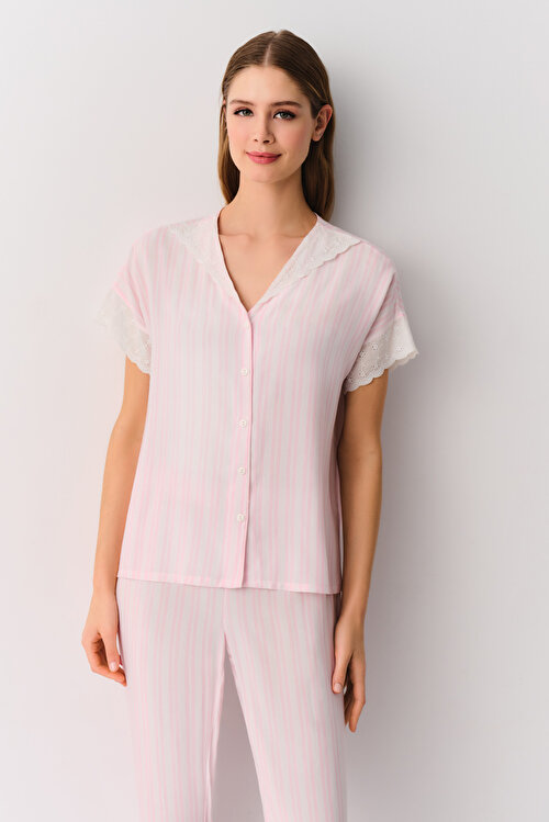 Pembe Çizgili Pink Line Maskülen Pijama Takımı