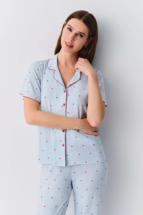 Mavi Çizgi Baskılı Stria Maskülen Pijama Takımı