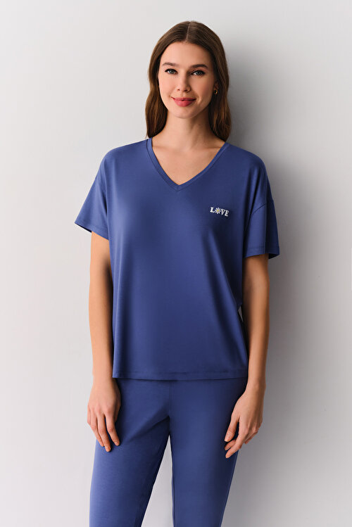 Lacivert Love Günlük Pijama Takımı