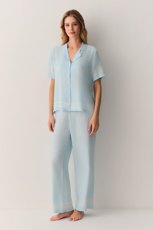 Mavi Desenli Cute Gömlek Yaka Pijama Takımı