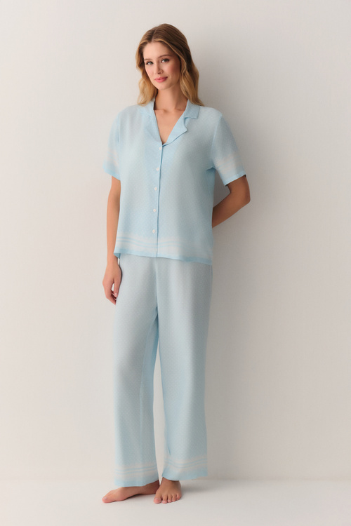 Mavi Desenli Cute Gömlek Yaka Pijama Takımı