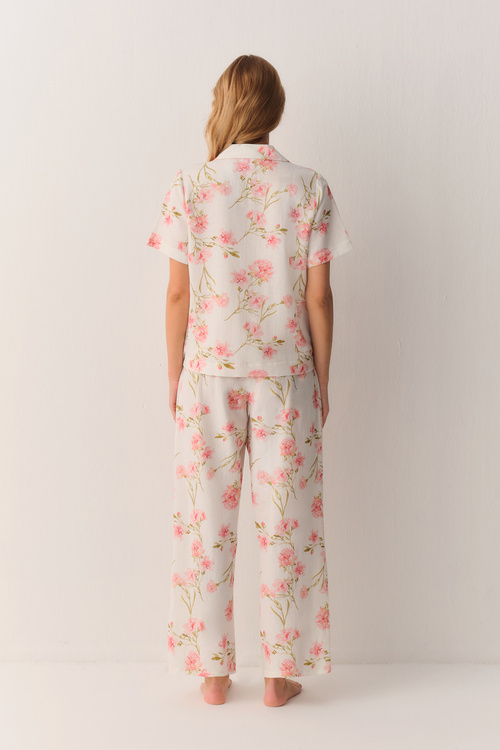 Ekru Desenli Ellen Pamuklu Gömlek Yaka Pijama Takımı