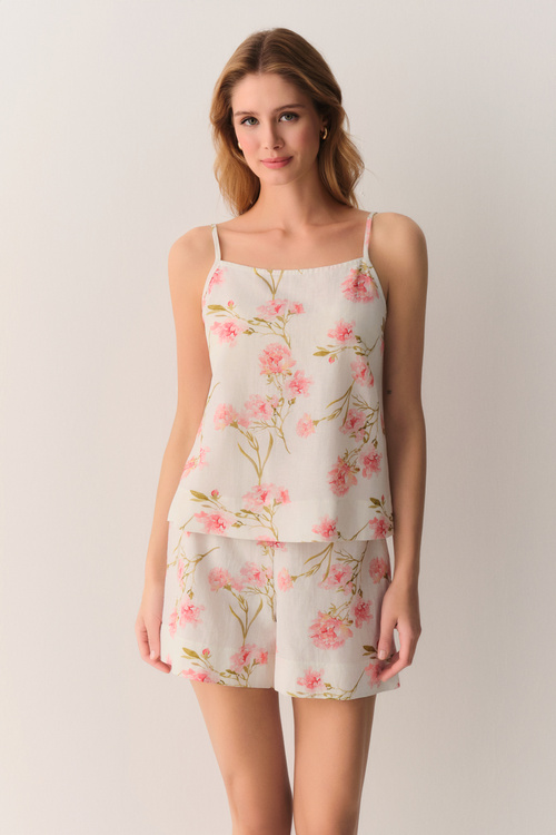 Ekru Desenli Ellen Pamuklu Atlet Şort Pijama Takımı