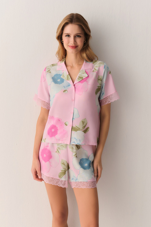 Pembe Meloni Gömlek Yaka Şort Pijama Takımı