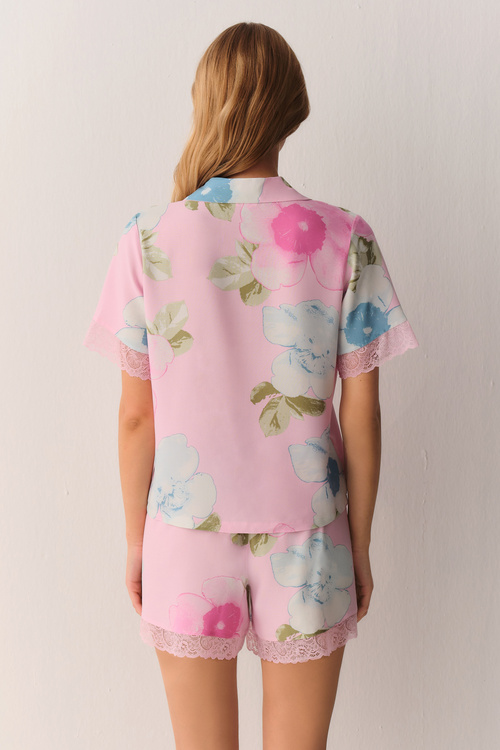 Pembe Meloni Gömlek Yaka Şort Pijama Takımı